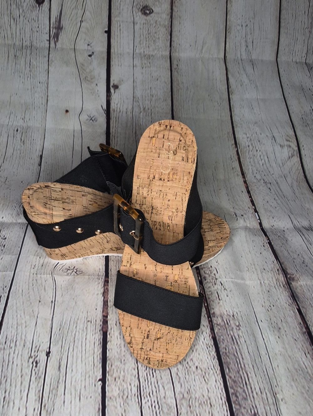 Cato Black Cork Wedge Sandals with Buckle Detail